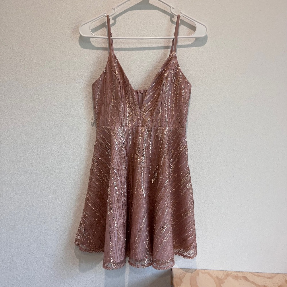 Hello Molly Rose Gold Sequin Mini Dress V-Neck Spaghetti Strap Mauve Pink XS